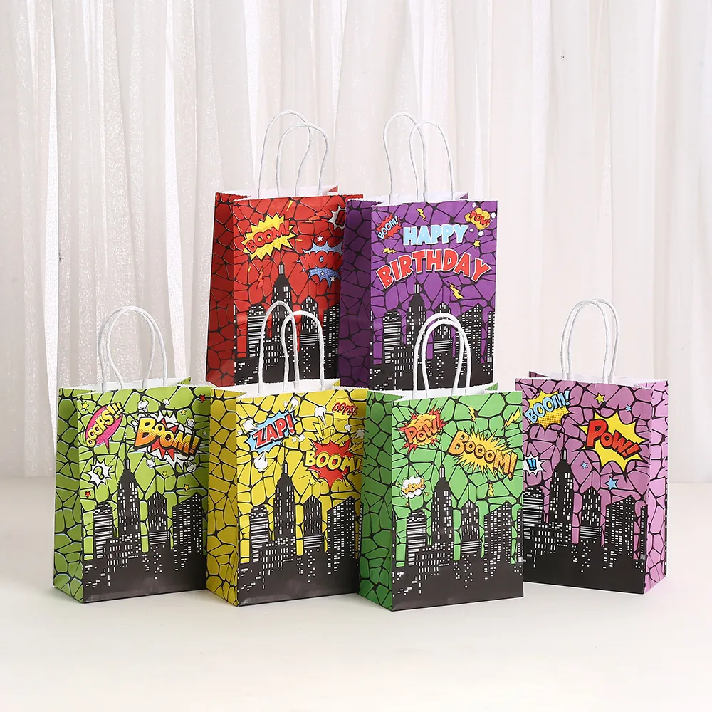 Superhero Comic Book Style Paper Gift Bags With Handles Pop Art Theme City Skyline Birthday Party Favor Goodie Bags