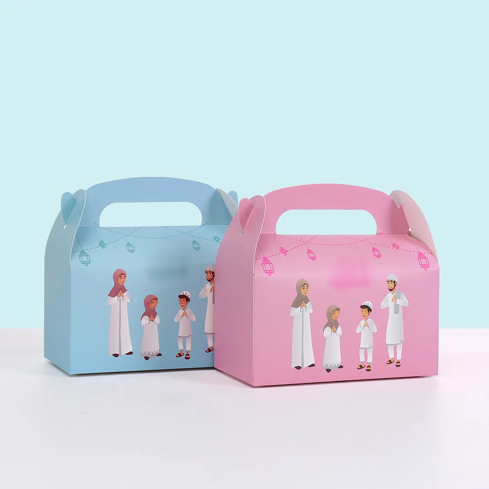 Scatola per Torta Eid Mubarak con Stampa Famiglia Musulmana Cartone Animato Scatola Regalo in Carta Portatile per Dolci
