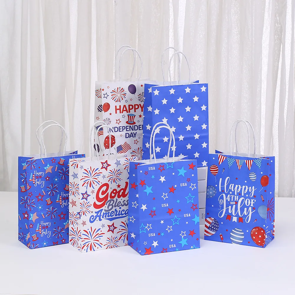 Independence Day Kraft Paper Gift Bags Patriotic Stars Stripes Party Favor Packaging Bags With Handles Holiday Shopping Tote