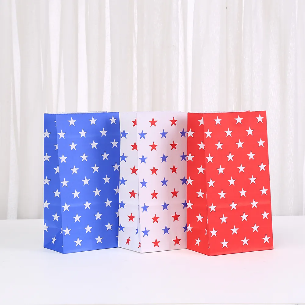 Independence Day Star Pattern Kraft Paper Gift Bag Candy Treat Pouch Flat Bottom Party Favor Storage Bag Patriotic Colors