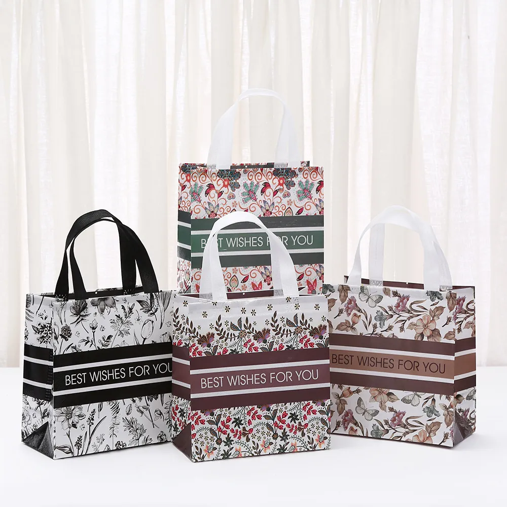 Vintage Floral Polyester Non-Woven Gift Bag Best Wishes Laminated Waterproof Handbag For Wedding Birthday Party Favors