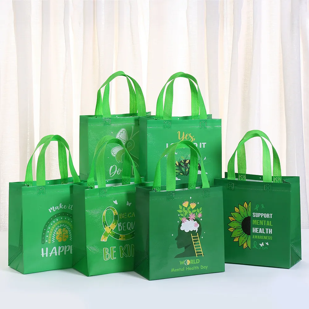 Green Eco Friendly Polyester Non Woven Tote Bag Reusable Shopping Bag With Mental Health Awareness Print For Gift Wrap