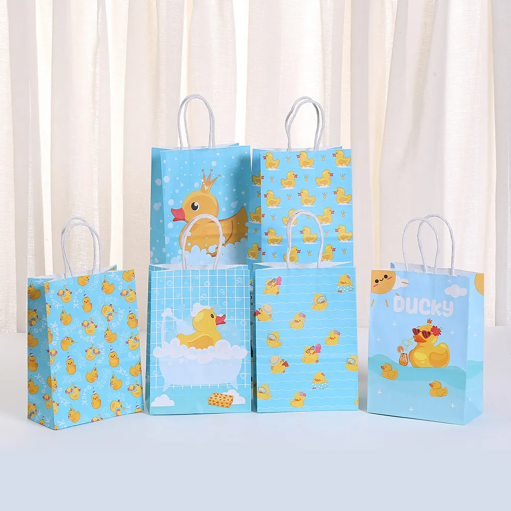Cartoon Little Yellow Duck Kraft Paper Gift Bag Light Blue Portable Shopping Bag Kids Birthday Party Gifting Handbag