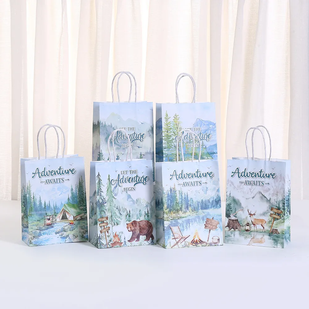 Forest Adventure Theme Kraft Paper Gift Bags With Handles Cartoon Animal Forest Print For Birthday Party Favors Camping Event Packaging Bags