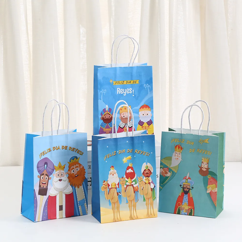 Three Kings Day Kraft Paper Gift Bag Cartoon Epiphany Festival Gift Wrap Handbag With Handles For Kids Holiday Celebration