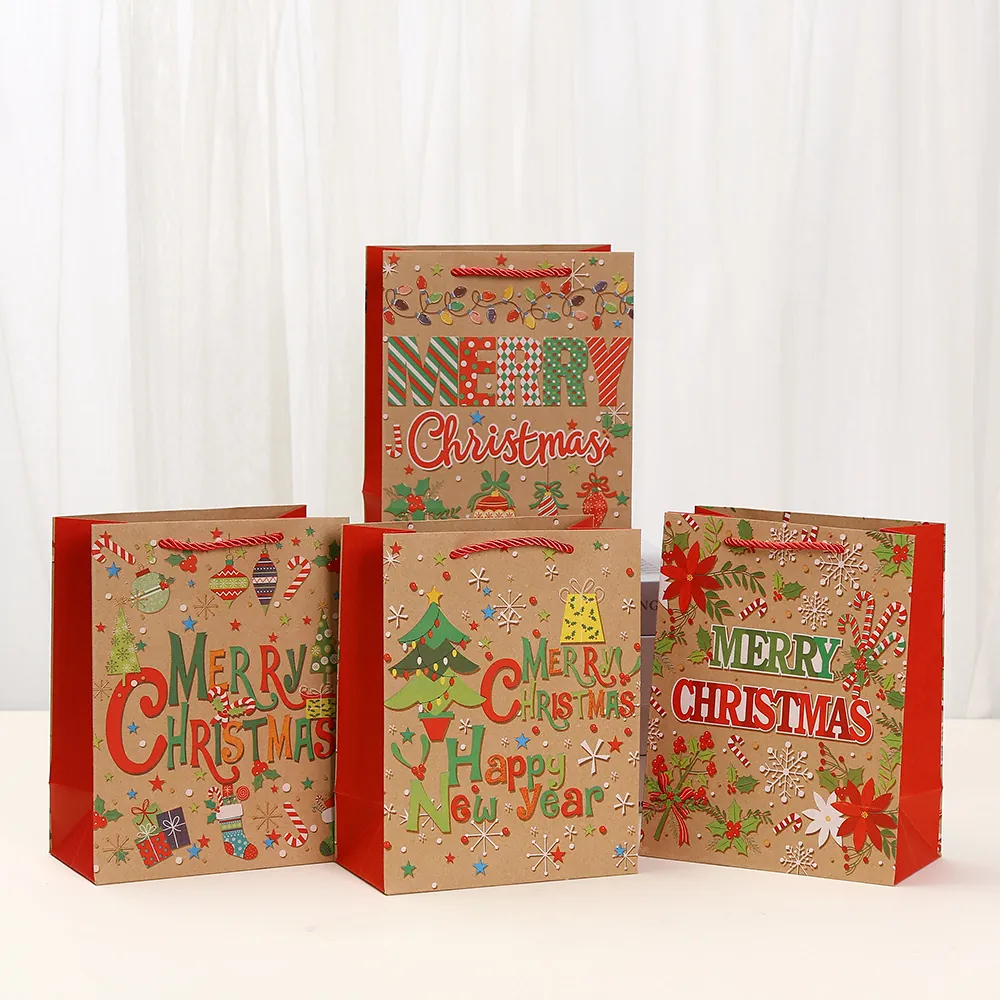 Sacs Cadeaux en Papier Kraft de Noël Avec Poignées Imprimé Merry Christmas Emballage de Bonbons de Fête Sacs pour Emballage de Cadeaux