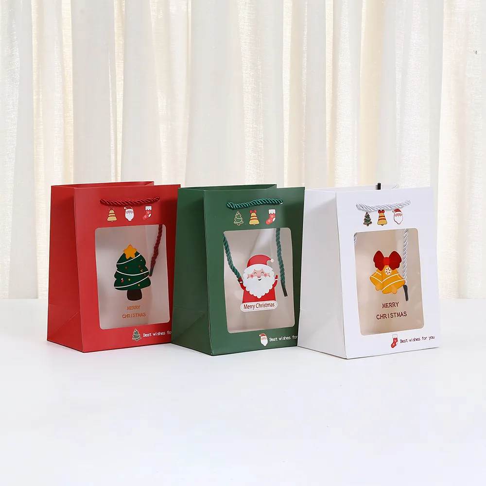 Christmas Gift Paper Bags With Clear Window Cartoon Santa Claus Tree Pattern Portable Shopping Bags For Holiday Party Favors Treats