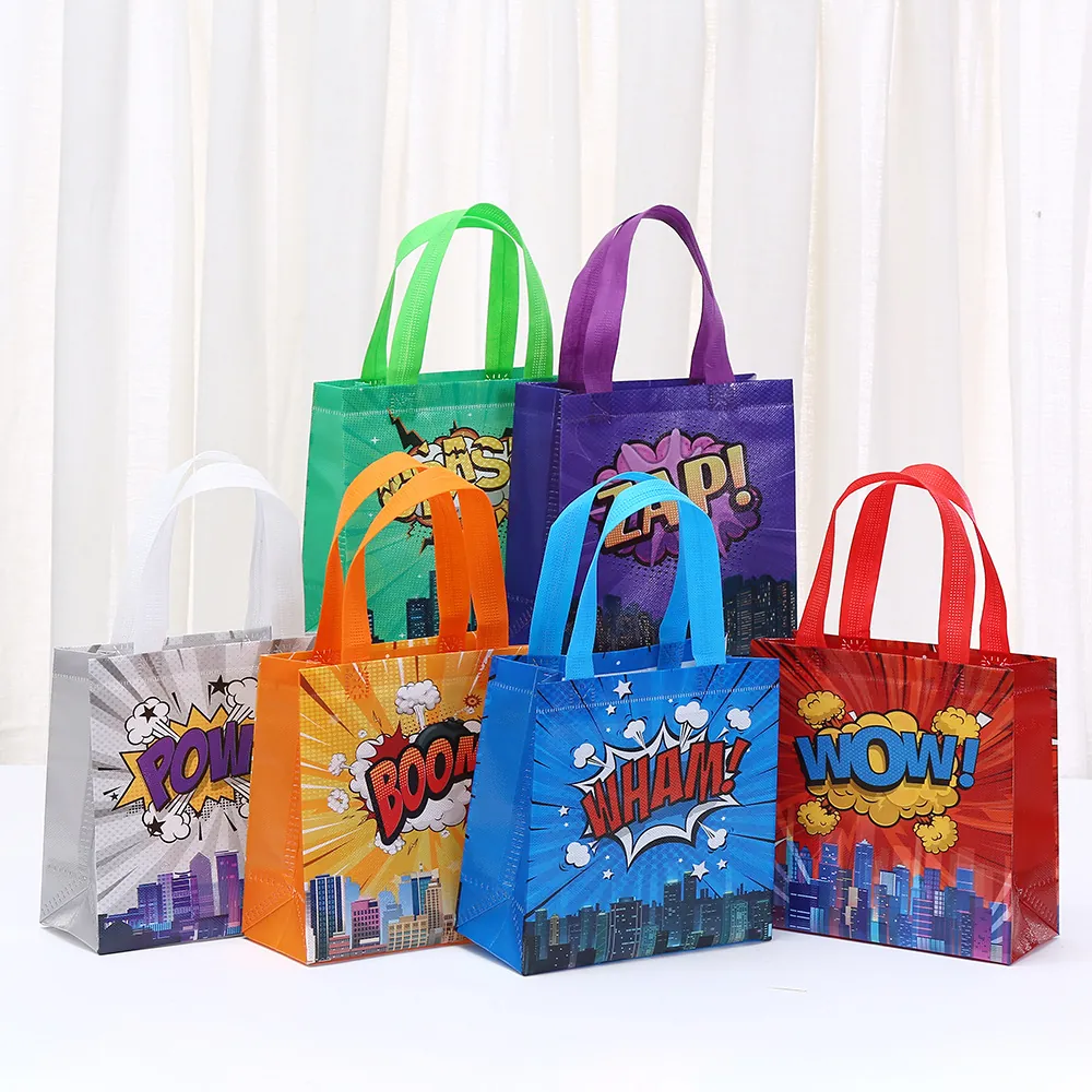 Superhero Theme Non-Woven Gift Bags Comic Style Party Favor Bags With Handles For Kids Birthday Candy Treats Wrappings