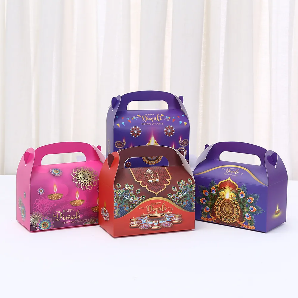 Portable Diwali Festival Gift Boxes Traditional Peacock Print White Cardboard Sweet Cake Handheld Packaging Gift Box