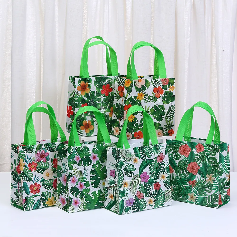 Hawaiian Tropical Plant Printed Non-Woven Tote Bag Waterproof Laminated Gift Packaging Bag For Birthday Party Shopping