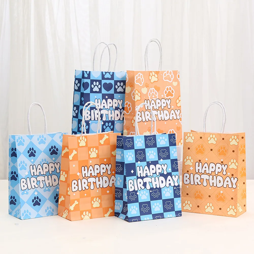 Sacchetto Regalo in Carta Kraft con Impronta di Zampa di Cane Tema Happy Birthday Motivo a Scacchiera Borsa per Bomboniere con Manico