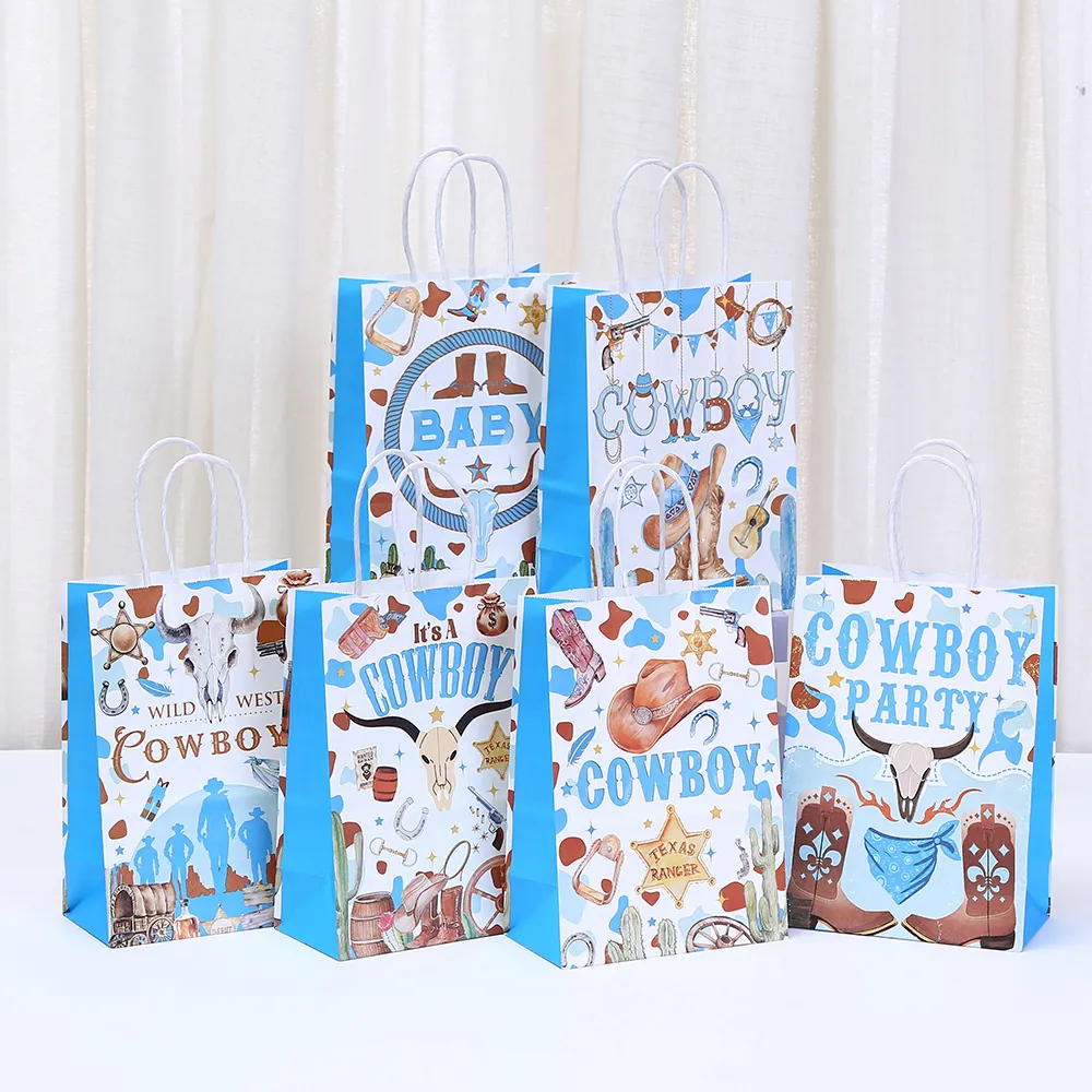 Western Cowboy Theme Kraft Paper Gift Bags With Handles For Birthday Party Favors Texas Ranger Design Treated Paper Treat Bags
