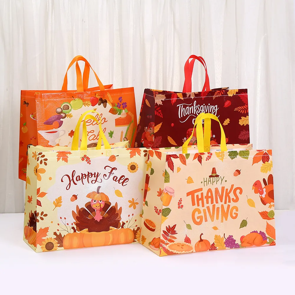 Thanksgiving Non-woven Tote Bag Happy Fall Turkey Pumpkin Printed Reusable Gift Packaging Holiday Shopping Handheld Bag