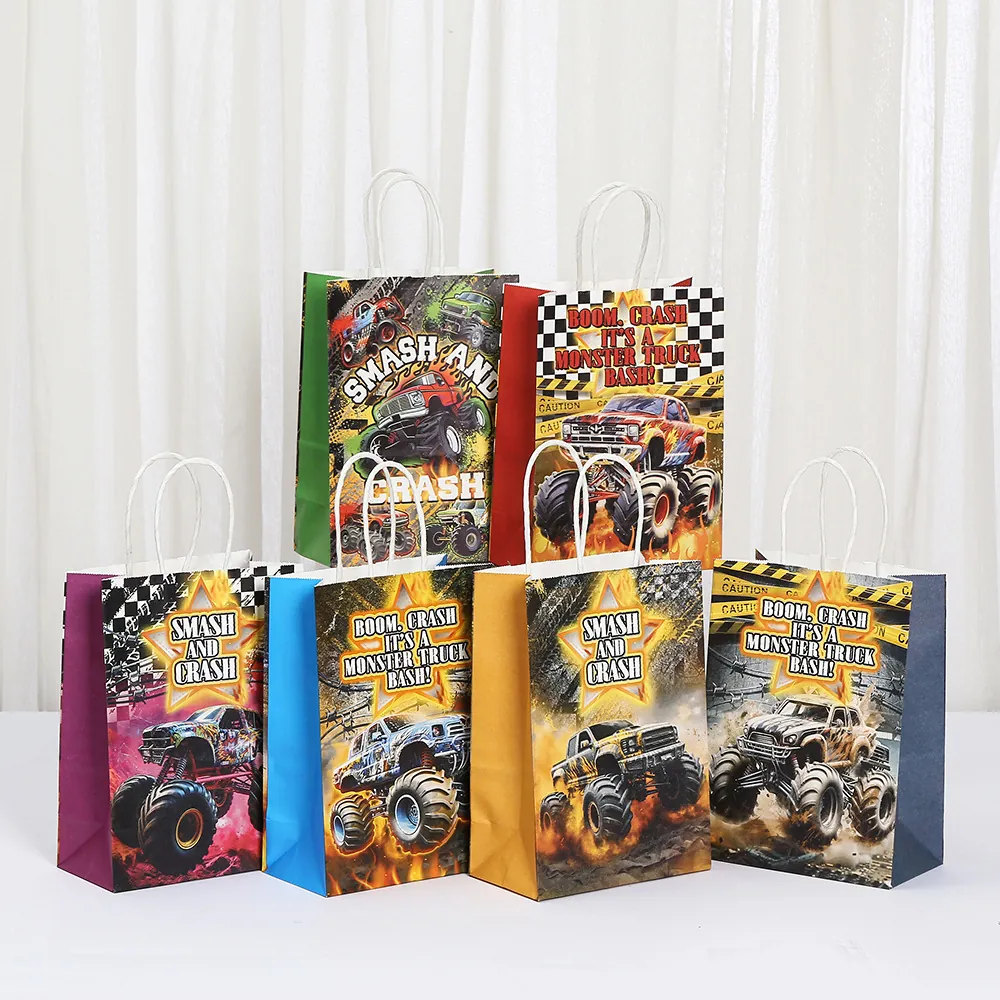 Monstertruck Thema Kraftpapier Geschenktüten Mit Griffen Smash And Crash Rennwagen Party Mitbringsel Tüten Für Kinder Geburtstag