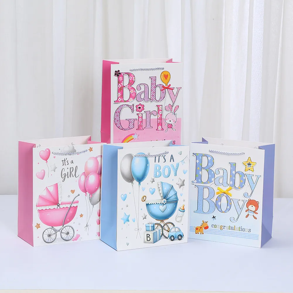 Sacs Cadeaux en Papier Baby Shower Dessin Animé Carton Blanc Sacs à Main Pour Félicitations Nouveau Né Bébé Garçon Fille Fête