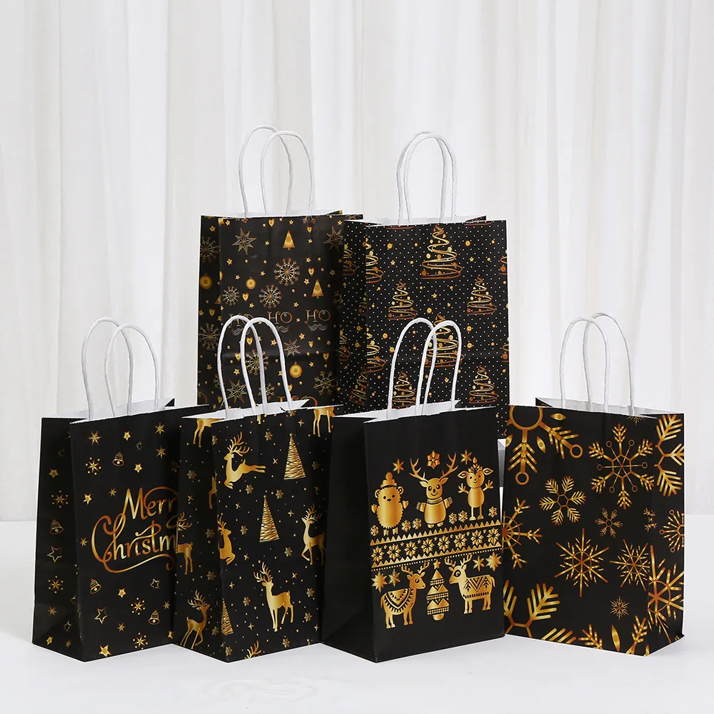 Black Gold Christmas Kraft Paper Gift Bag With Handles Gold Foil Reindeer Snowflake Merry Christmas Holiday Party Favor Bag