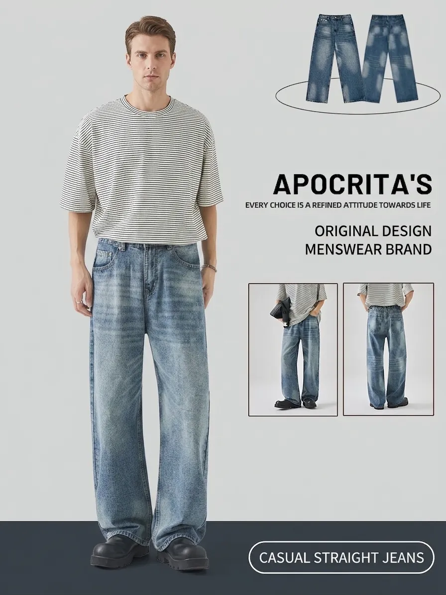 Uomo American Vintage Distressed Ripped Jeans Blu Lavato Largo Gamba Dritta Denim Pantaloni High Street Moda Pantaloni Lunghi