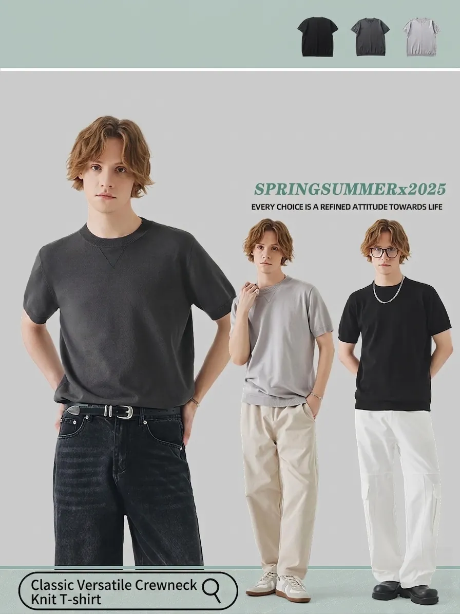 Maglietta da Uomo Slim Fit in Maglia Girocollo Manica Corta Tinta Unita Minimalista Casual Traspirante Maglia per Estate