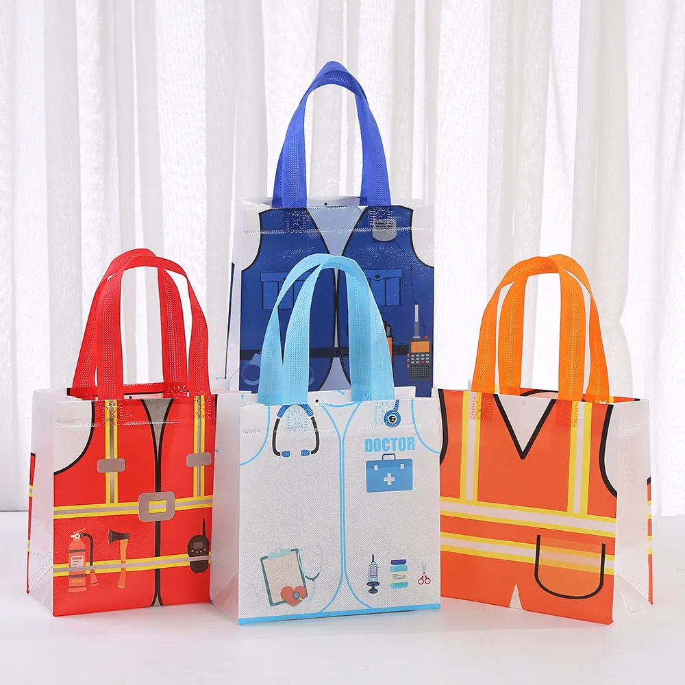 Sac Cadeau en Tissu Non Tissé Thème Professionnel Créatif Docteur Police Pompier Sac de Shopping Imprimé pour Fête Enfants