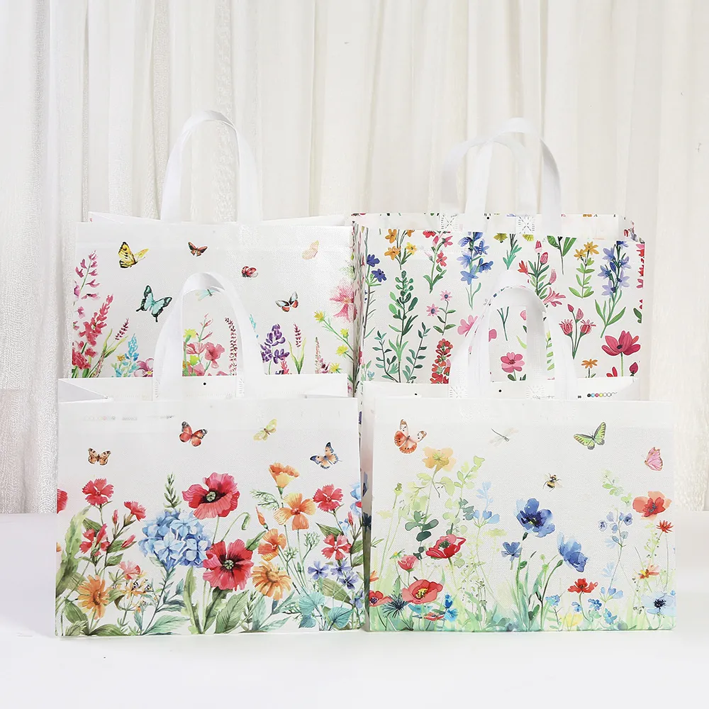 Large Capacity Floral Butterfly Printed Non-woven Tote Bag Waterproof Laminated Gift Handbag For Shopping Party Storage
