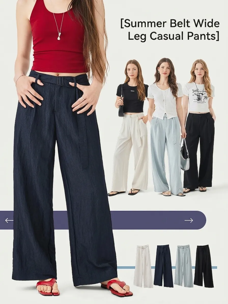 Pantaloni Casual da Donna in Viscosa a Gamba Larga Vita Alta Vestibilità Larga Pantaloni Dritti con Cintura Estivi Traspiranti