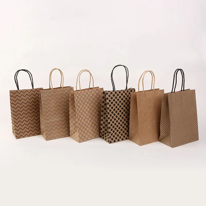 Kraft Paper Gift Bags With Handles Geometric Printed Chevron Polka Dot Stripes Pattern For Wedding Party Favor Packaging