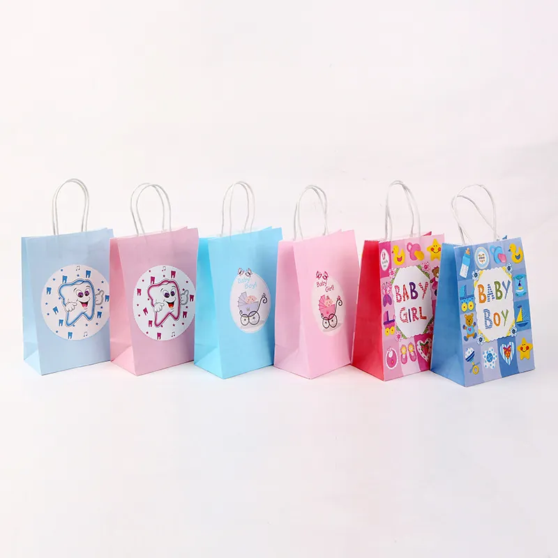 Kraft Paper Baby Gift Bag Cartoon Infant Clothing Packaging Bag Portable Handheld Bag For Baby Shower Birthday Party