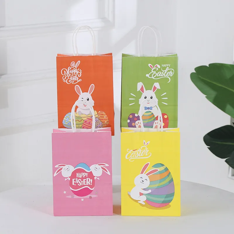 Borsa Regalo di Pasqua a Forma di Coniglio in Cartone Animato in Carta Kraft Per Celebrazione Festiva Motivo a Uovo Colorato