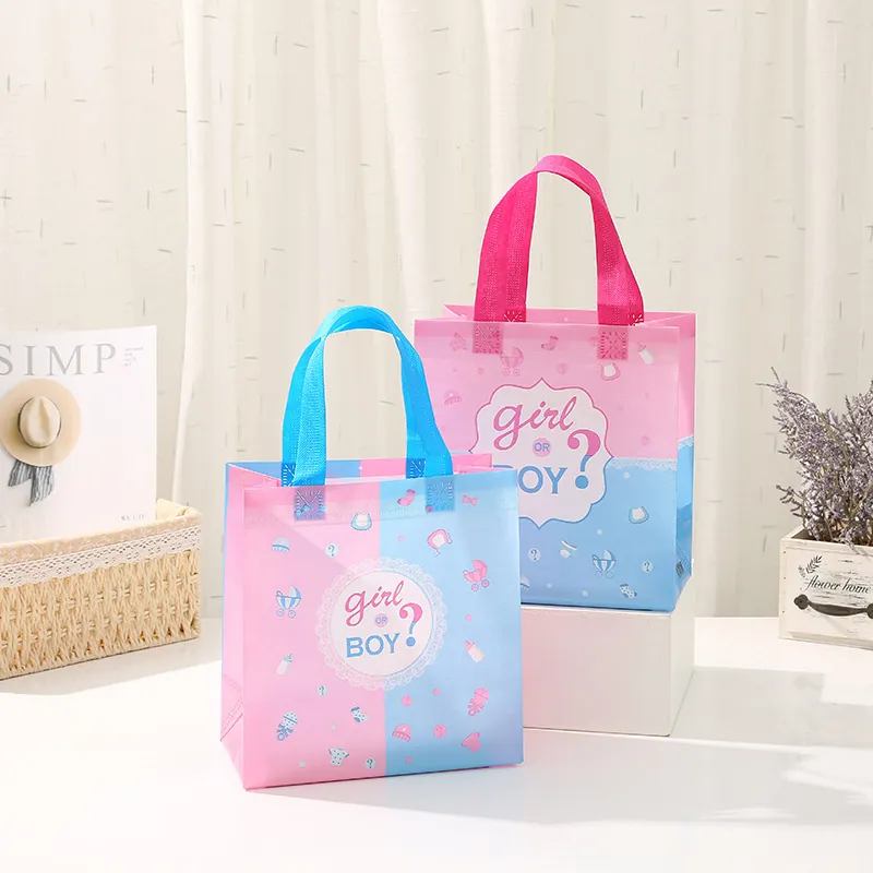 Sacs Cadeaux de Fête de Révélation de Genre Sacs en Tissu non Tissé Rose et Bleu Imprimés Girl or Boy pour Baby Shower