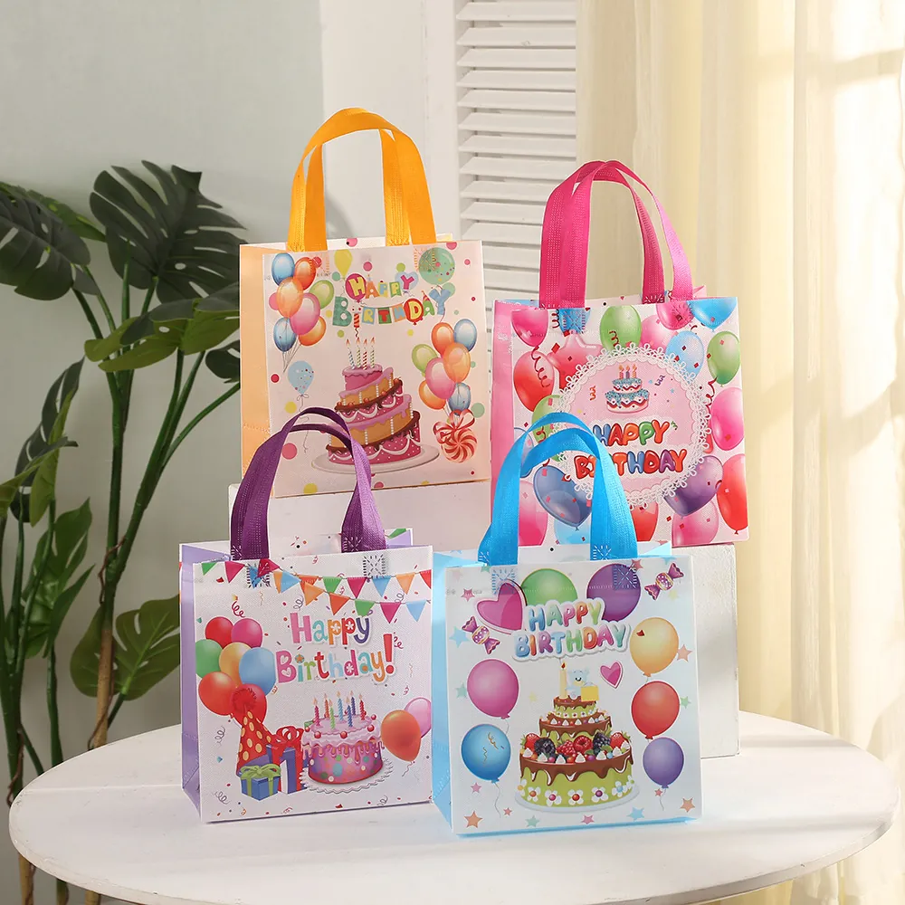 Bolsas de Regalo de Cumpleaños de Tela no Tejida Tema Happy Birthday Bolsas con Asa Plegables para Envolver Regalos Fiesta