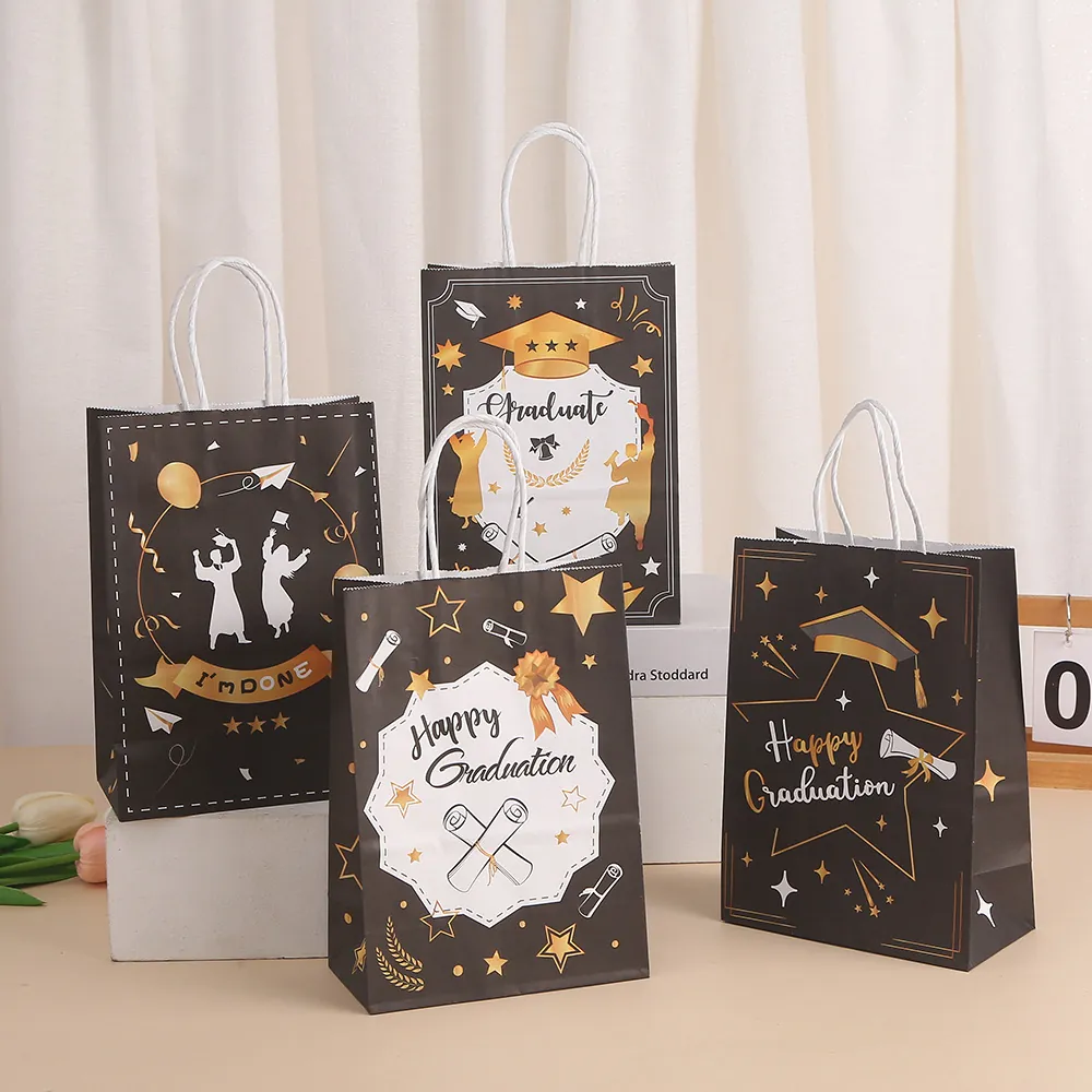 Happy Graduation Paper Gift Bags With Handles Black Gold Celebration Party Favor Bags Kraft Paper Handbag For Students