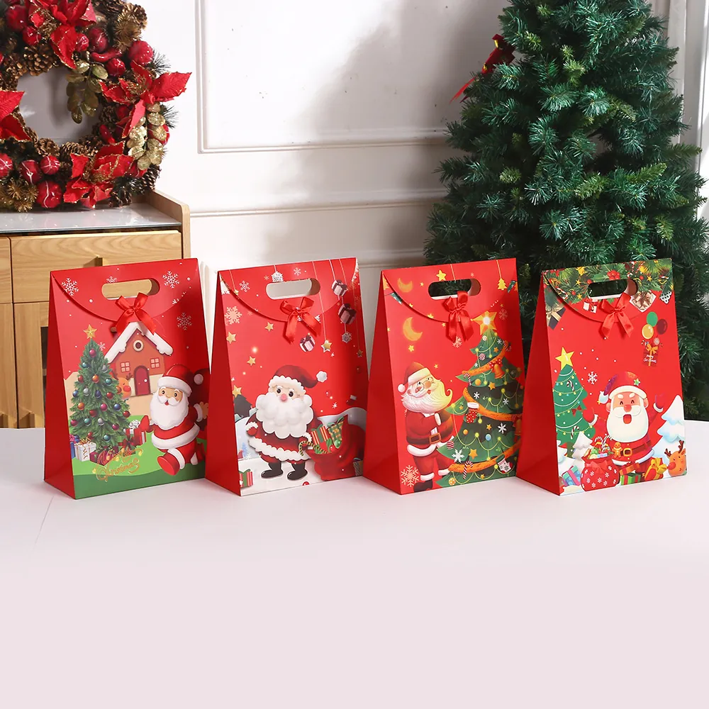Christmas Gift Bag White Cardboard Bowknot Cartoon Santa Reindeer Pattern Handle Flip Cover Holiday Party Gift Wrapping