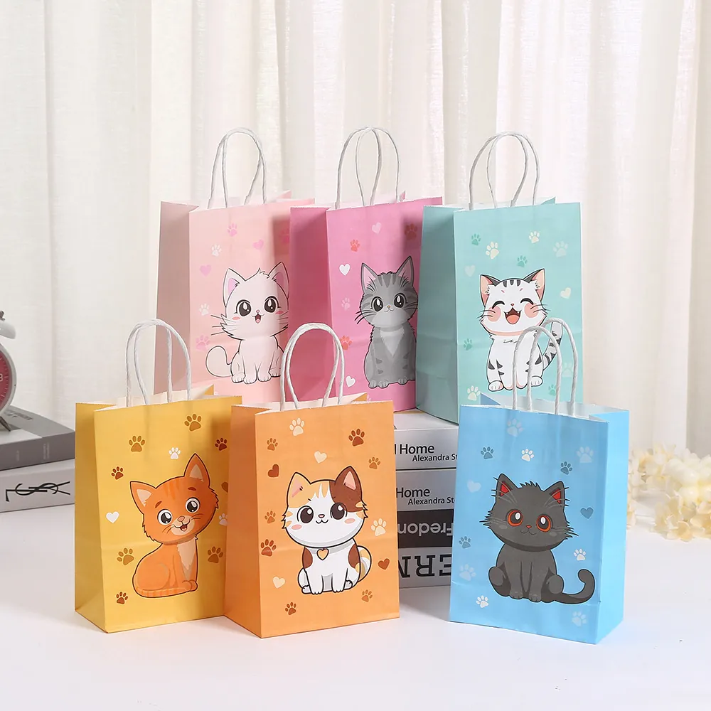 Cartoon Cat Dog Pattern Kraft Paper Gift Bag With Handles Cute Animal Print Goodie Bag For Party Shopping Kids Gift Packaging