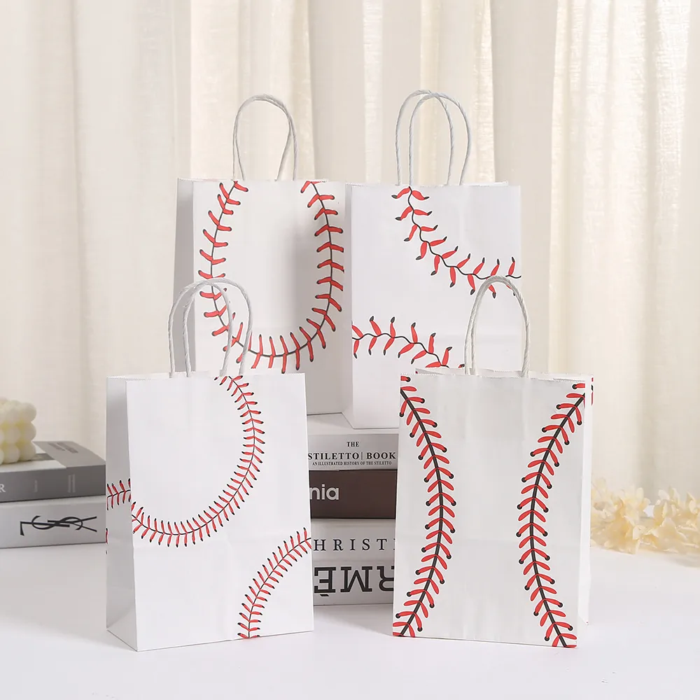 Baseball Print White Kraft Paper Gift Bags With Twisted Rope Handles Sporty Theme Party Favor Bags For Shopping Packaging