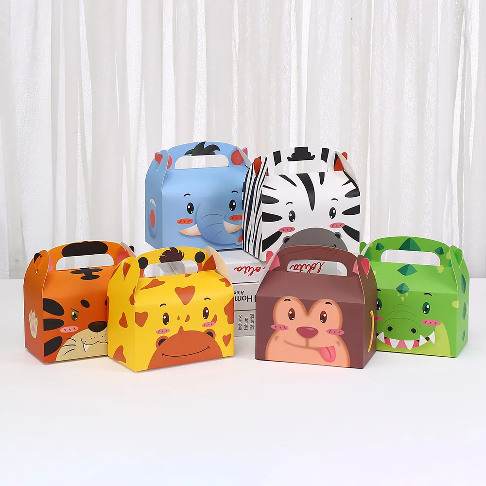 Cartoon Animal Theme Gift Box For Kids Birthday Party Favors Portable Folding Kraft Paper Candy Cake Boxes Treat Packaging