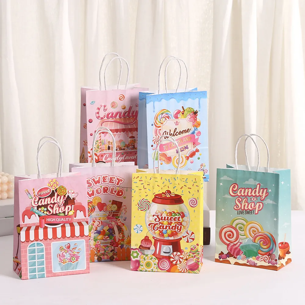 Multicolor Cartoon Sweet Candy Printed Paper Handbag Festive Sweet World Gift Wrap Bag For Birthday Party Gift Packaging