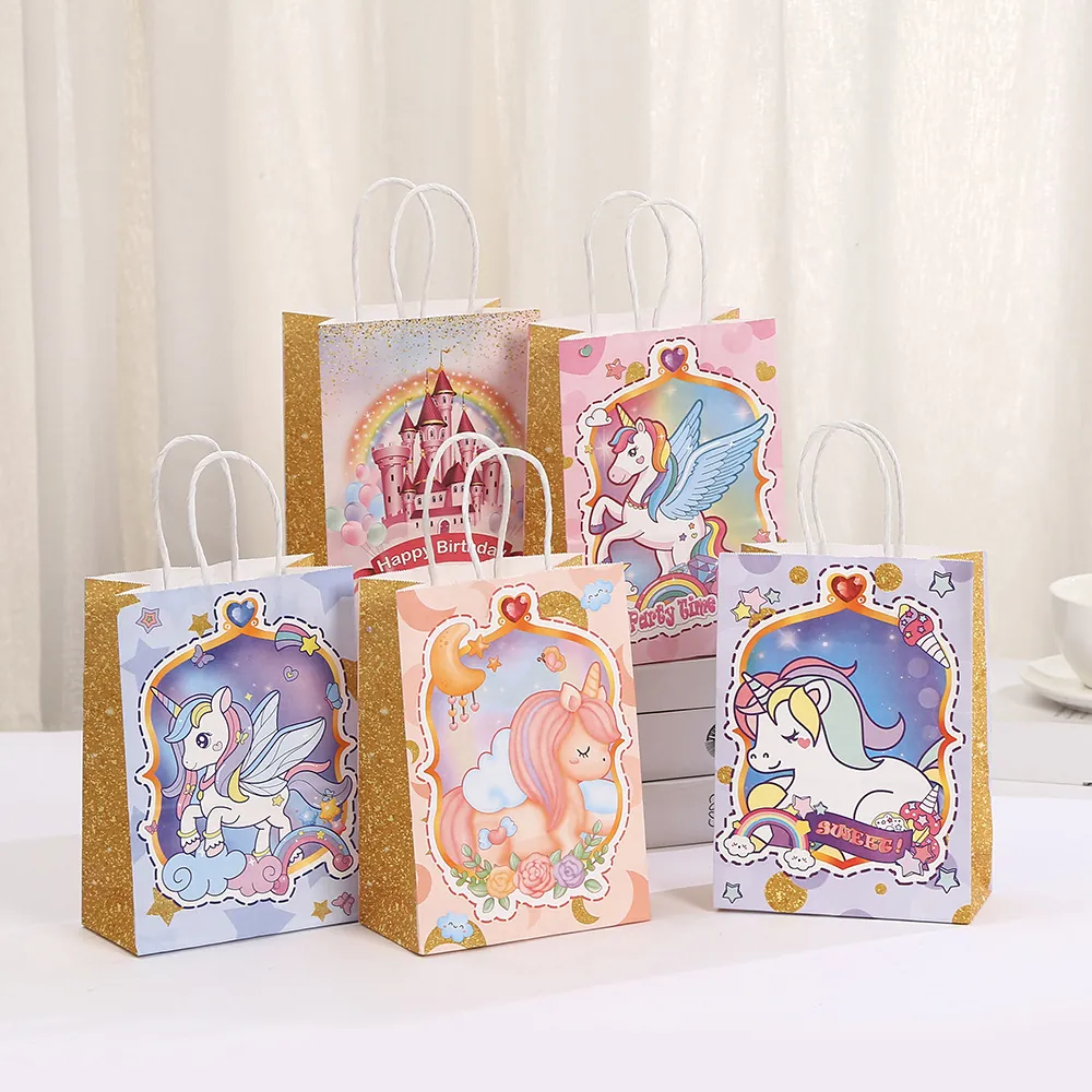 Sac Cadeau en Papier Licorne Dessin Animé Avec Poignée Côtés Pailletés Or Rose Violet Bleu Arc-en-ciel Motif Château Fête Anniversaire