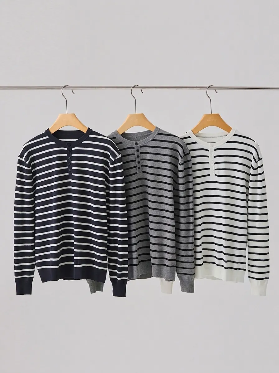 Heren Casual Gestreepte Henley Hals Gebreide Trui Lange Mouw Contrastkleur Patchwork Pullover Top Mode Streetwear