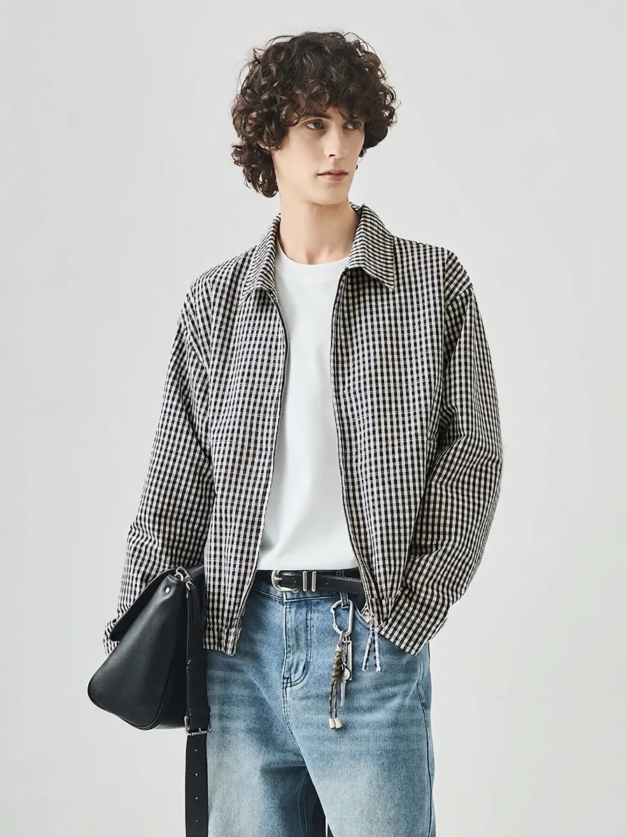 Heren Casual Plaid Jas Ruime Pasvorm Gingham Patroon Rits Revers Kraag Lange Mouw Mantel Polyester Katoen Mix Outwear