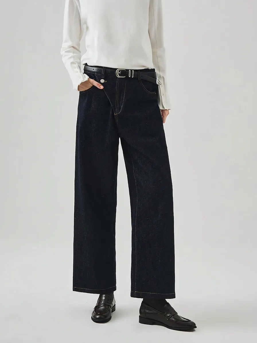 Damen Retro Denim Baumwolle High Waist Weites Bein Jeans Streetwear Locker Schlankmachend Curved Design Kontrastnähte Lange Hose