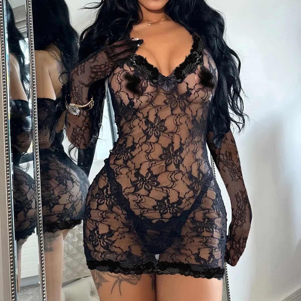 Women Sexy Lace Lingerie Set Sheer Floral Jacquard Halter Lingerie Dress With Long Gloves Sexy Nightwear Lingerie For Women