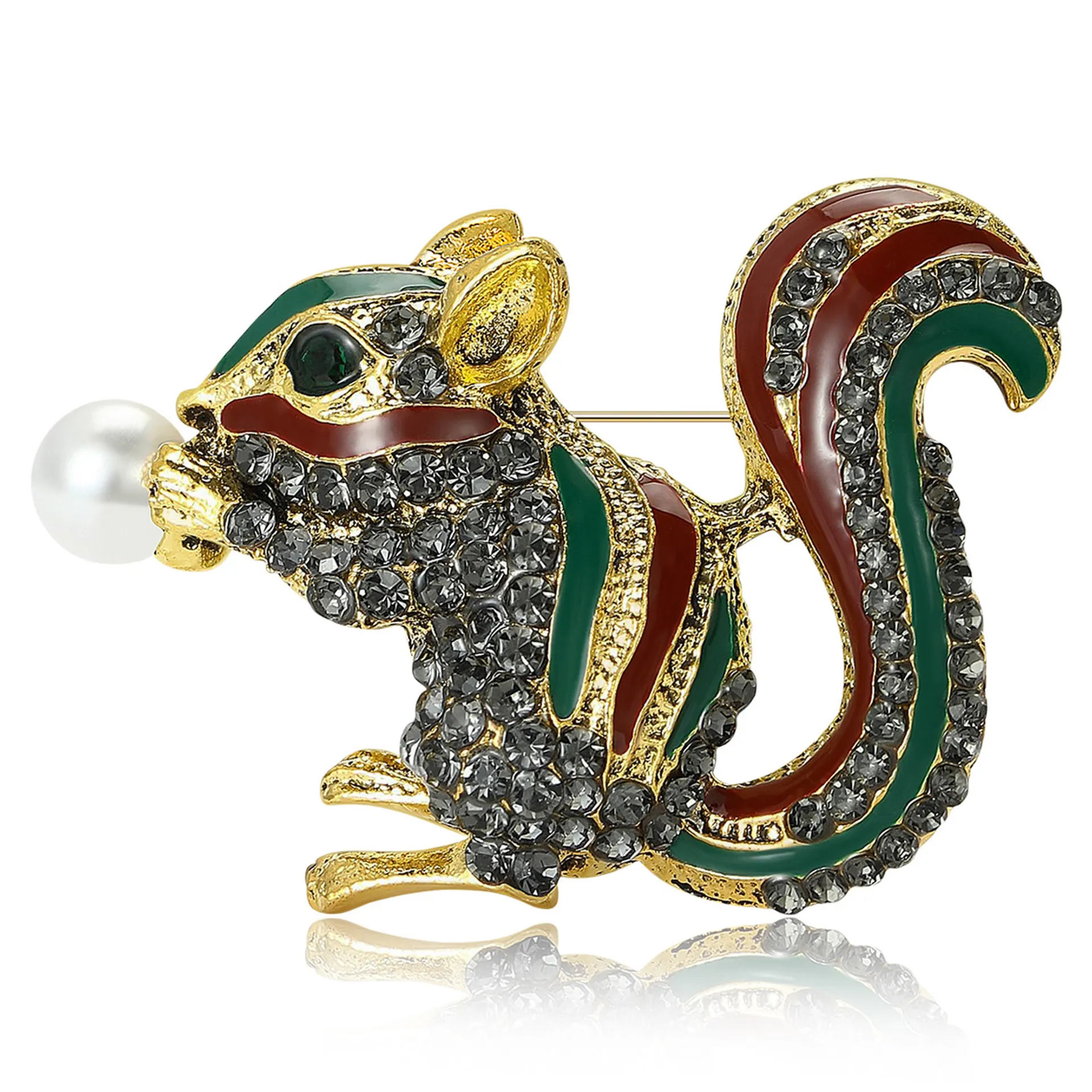 Cartoon Squirrel Brooch Alloy Rhinestone Enamel Animal Pin With Imitation Artificial Pearl For Women Men Suit Decorative Jewelry Pin