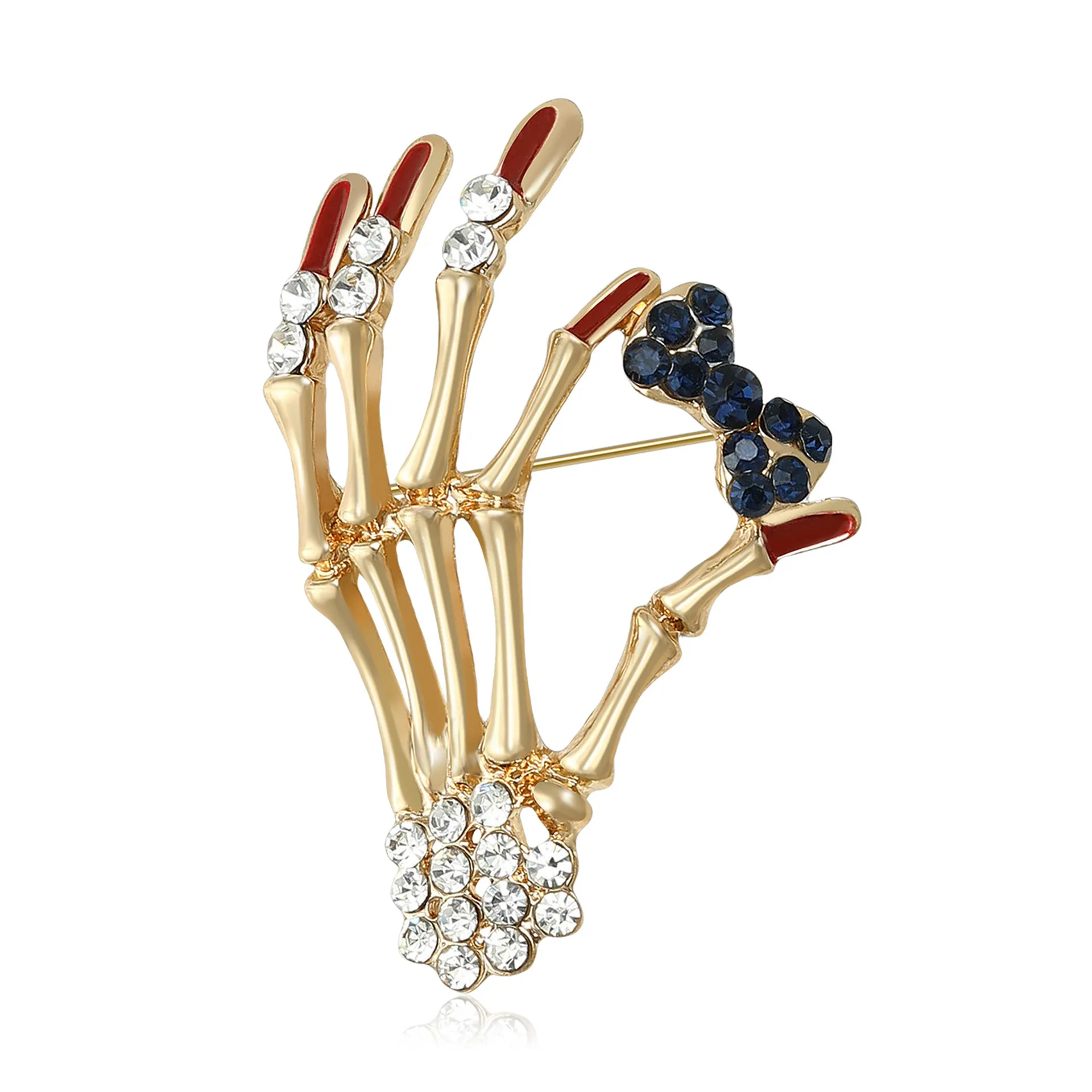 Gothic Alloy Skull Hand Brooch With Rhinestone Bowknot Personalized Creative Skeleton Clothing Pin Jewelry For Halloween Party