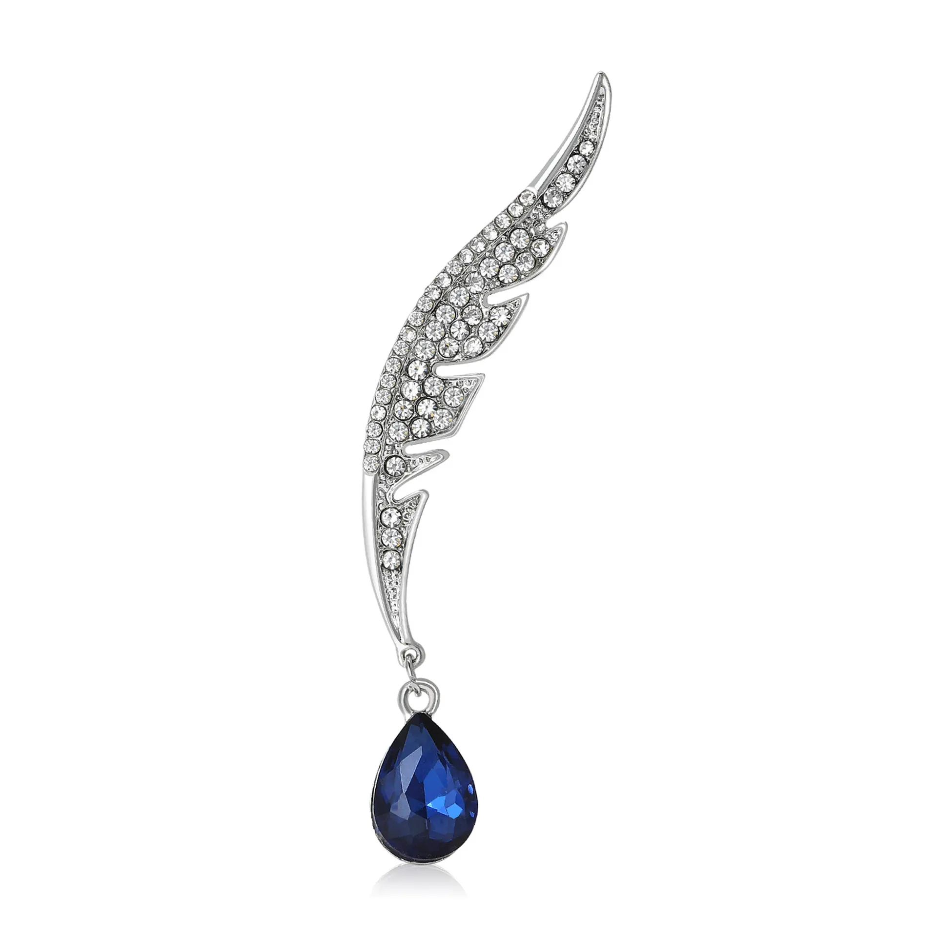 Élégante Broche en Forme d'Aile de Plume en Alliage Incrustée de Strass Avec Pendentif Larme Bleue Épingle de Costume Bijoux Pour Femmes