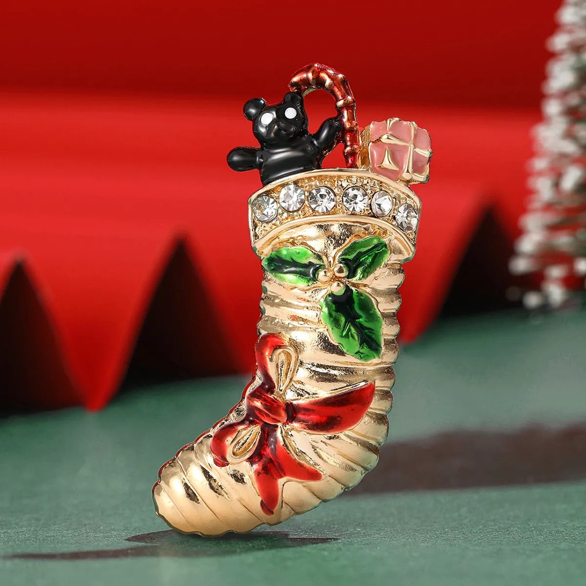Vintage Alloy Enameled Christmas Sock Brooch With Rhinestone Cute Bear Bow Decorative Holiday Brooch Pin For Women Christmas Gift
