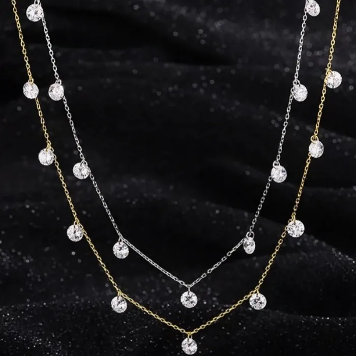 Collier Pendentif en Cuivre avec Zircon Rond Plqué Or Argent Élégant Chaîne de Clavicule Gypsophile Bijoux pour Femmes