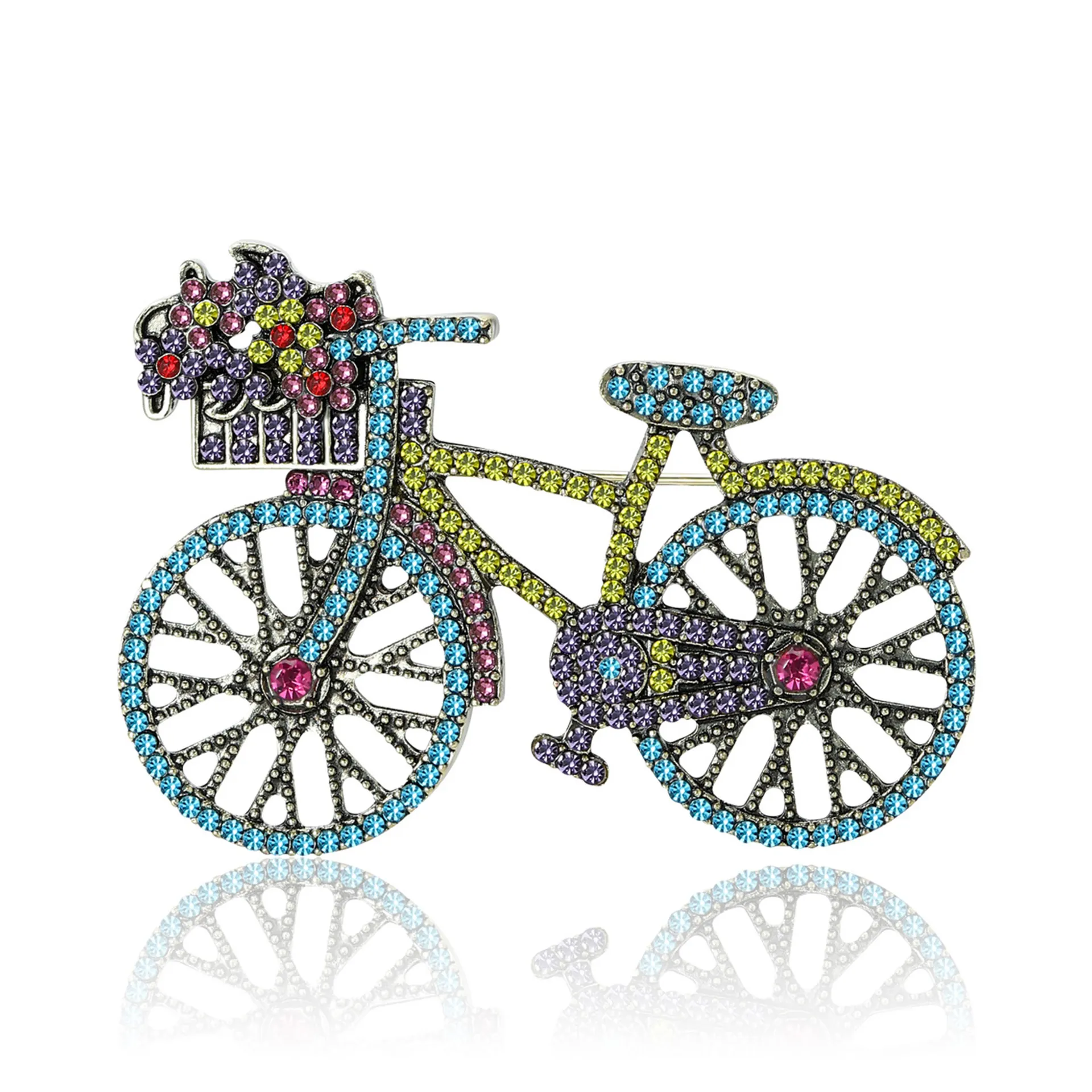 Vintage Alloy Rhinestone Bicycle Brooch Colorful Flower Basket Bike Corsage Pin For Women Men Fashion Clothing Jewelry
