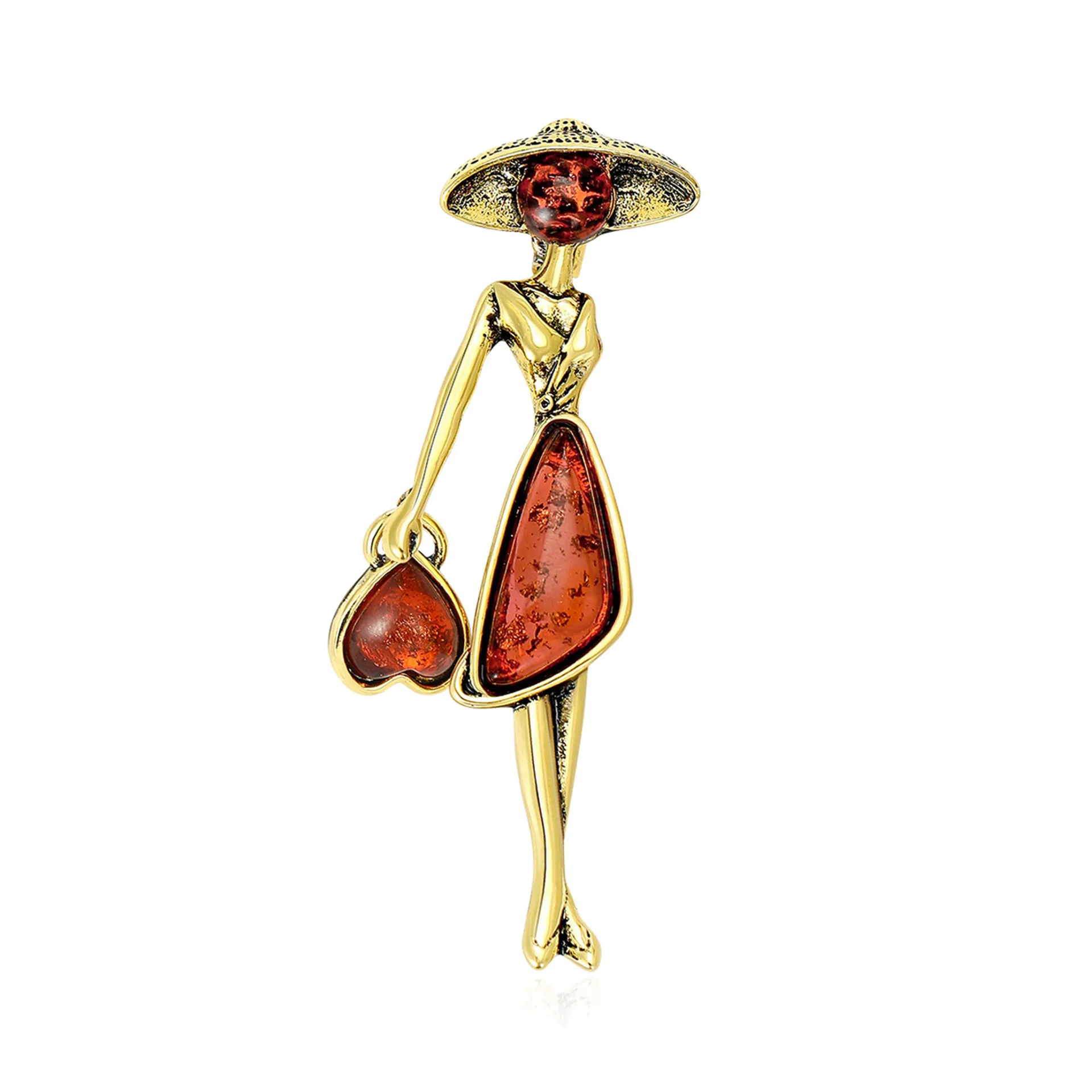 Vintage Retro Elegant Modern Lady Brooch Alloy Synthetic Amber Inlaid Women Suit Pin Jewelry Antique Gold Silver Accessory