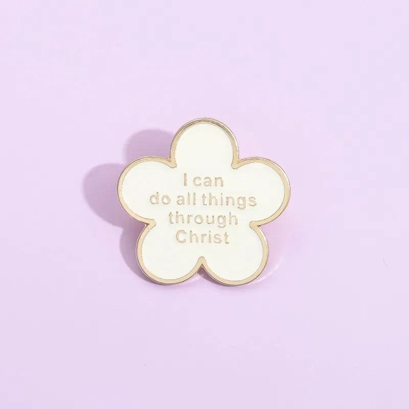 Alloy White Flower Enamel Brooch With Gold Edge Inspirational Quote Christ Religious Pin Jewelry Clothing Accessories