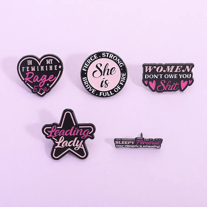 Feminist Enamel Pin Girl Power Alloy Brooch Pink Black Heart Star Round Shape Badges For Backpack Clothes Decoration Gift